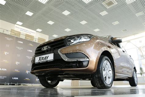 New Russian Car Lada Xray During Presentation 14 February 2016 In The Automobile Showroom Of De