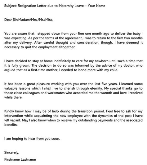 Sample Resignation Letters During Or After Maternity Leave