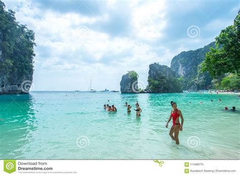 Many People Swimming And Relaxing At Railay Island In Krabi Province Thailand Editorial Image