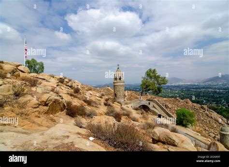 Beautiful Shot Of The Stone Cross Tower In The Mount Rubidoux Trail In