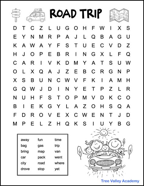 Easy Road Trip Word Search For Kids Tree Valley Academy