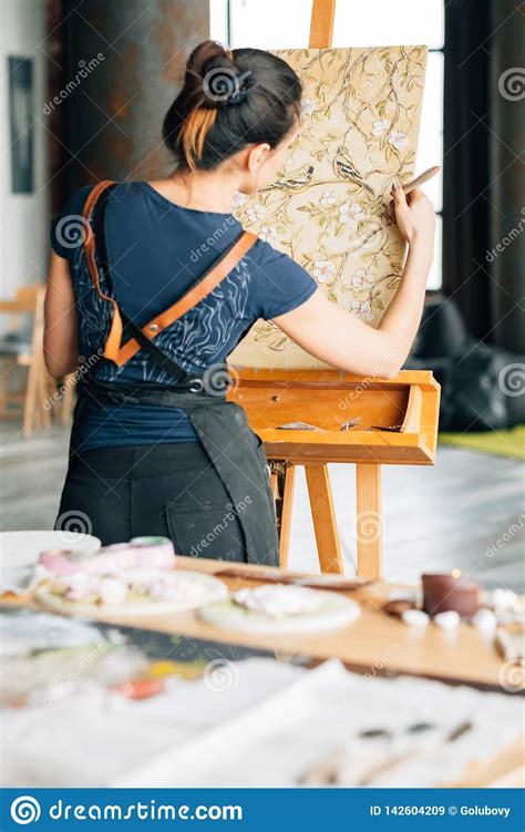 Artist Work Studio Woman Painter Canvas Easel Stock Image Image Of