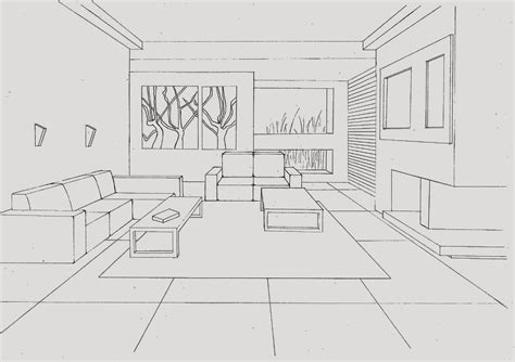Interior Perspective Living Room Hand Sketch Line Work With Pencil