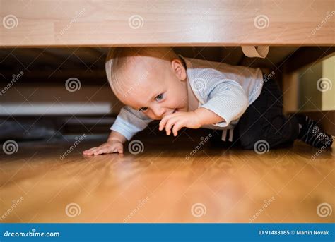 Cute Child Playing Under The Bed Stock Image Image Of Indoor
