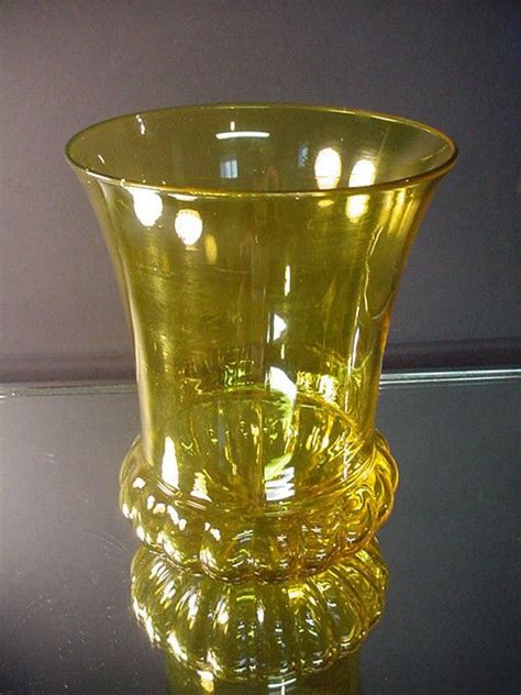Steuben Art Glass Vaseline Ribbed Flared Vase 6635 Art Deco Arts And Crafts Era Art Deco Glass