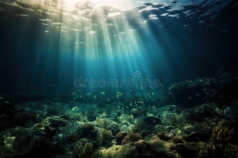 An Underwater View Of A Coral Reef With Sunlight Streaming Through The