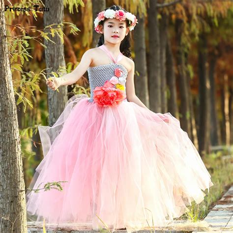 Gray Pink Flower Fairy Tutu Dress Tulle Princess Flower Girl Dress Kids