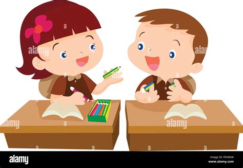Vector Of Cute Girl Student Giving Pencil For Friend And Help For Work