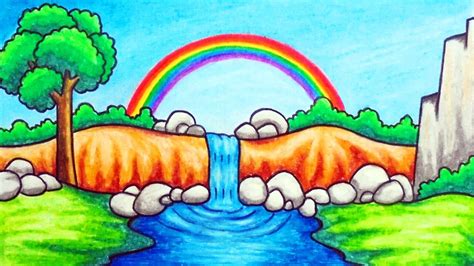 Easy Rainbow And Waterfall Scenery Drawing How To Draw Simple Scenery