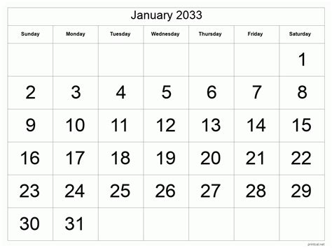 Printable January 2033 Calendar Free Printable Calendars