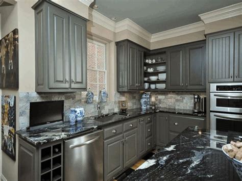 Sunrise, kitchen, bath and more. Rousing Black Granite Wall Grey Kitchen Cabinet Grey Wood Black Granite Counter Cream Wall ...