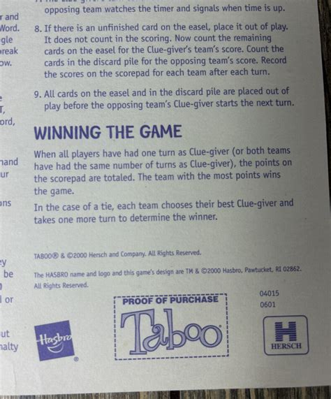 Vintage Taboo Game Replacement Piece Directions Instructions Ebay