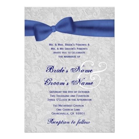 Silver sequins royal blue bow and diamond wedding invitation. Silver Damask and Royal Blue Bow Wedding Invitation ...