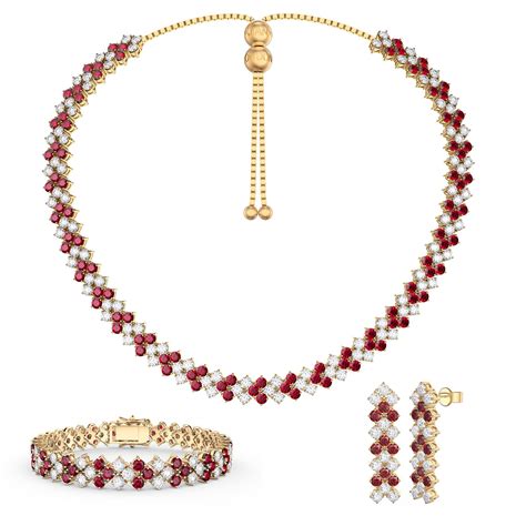 Three Row Ruby And Diamond Cz K Gold Plated Silver Jewelry Set Jian London Jewelry Sets