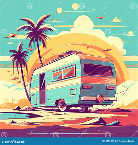 A Vintage Camper Van Parked On The Beach Generative Ai Image Stock