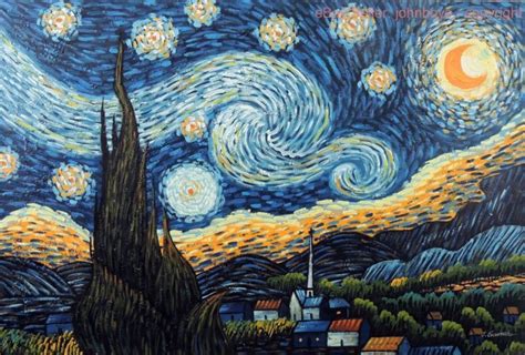 Painting Starry Night Famous Van Gogh Repro Moon Stars Church Town
