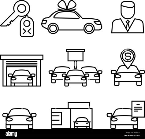 Car Dealerships Purchase And Sale Of Cars Line Vector Icons For