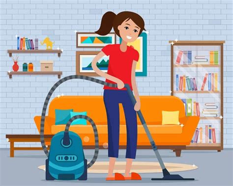 girl is cleaning vacuuming in the room putting in order ⬇ vector