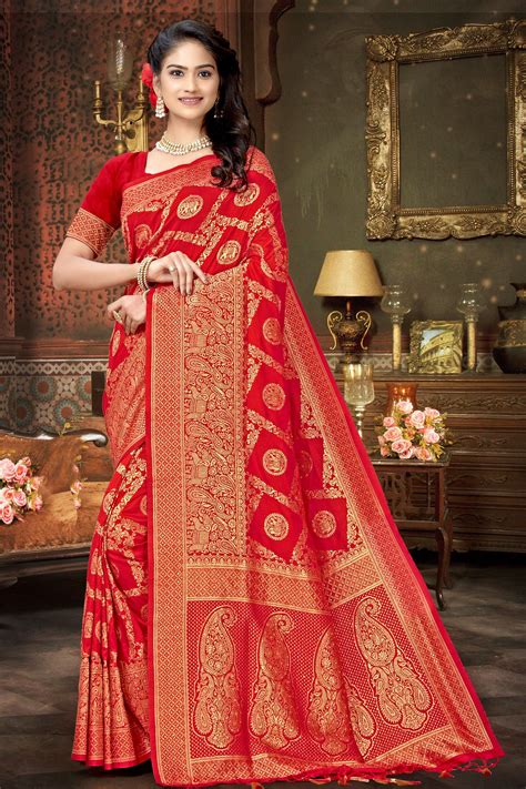 Karvachauth Special Red Kanjivaram Banarsi Silk Saree Embellished With Decorative Stones Saree