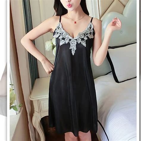 Sexy Sling Lace Nightdress Womens Cool Thin Sleepwear Faux Silk V Neck Nightdressnightgowns