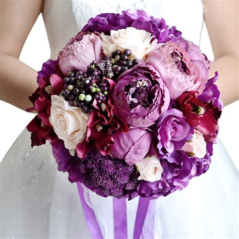 purple bridal bouquet artificial rose and peony wedding etsy