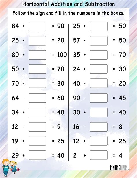 Horizontal Addition And Subtraction Math Worksheets