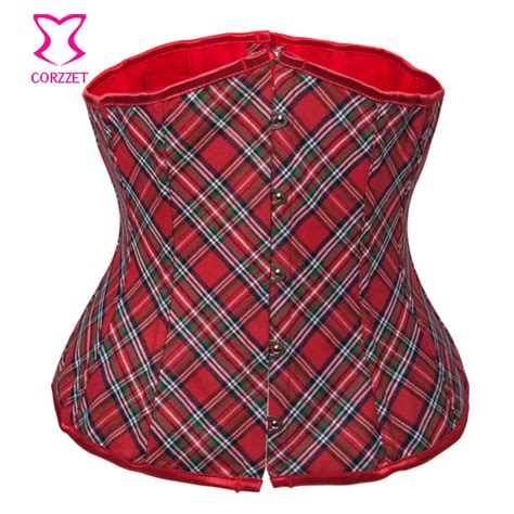 Red Plaid Underbust Corset Lace Up Back Waist Cincher Corsets And Bustiers Burlesque School Girl