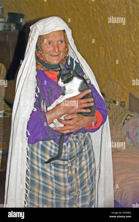 Morocco Nr Fez Bhalil Village 80 Year Old Cave Dweller With Her Cat