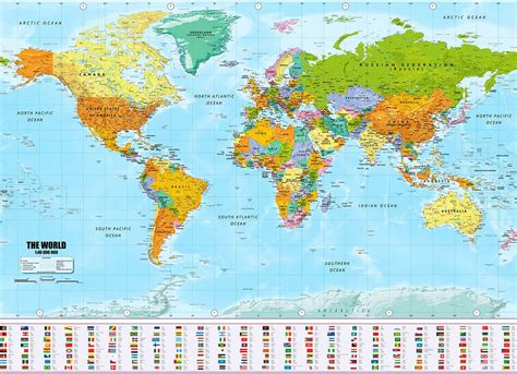 World Map Xxl Poster In Giant Format With Flags And Banners Top Quality