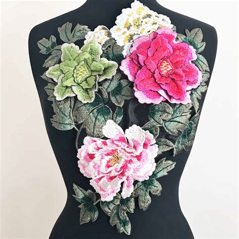3d Floral Bouquet Embroidered Applique On Black Fabric Shine Trim