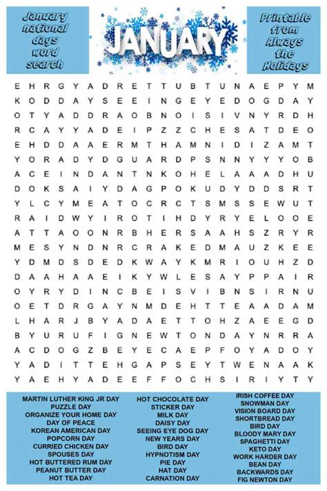 January Word Search Printable National Day Word Find Puzzle