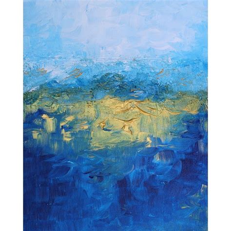 2010s Abstract Art Painting Of Blue Turquoise Gold Metallic Landscape
