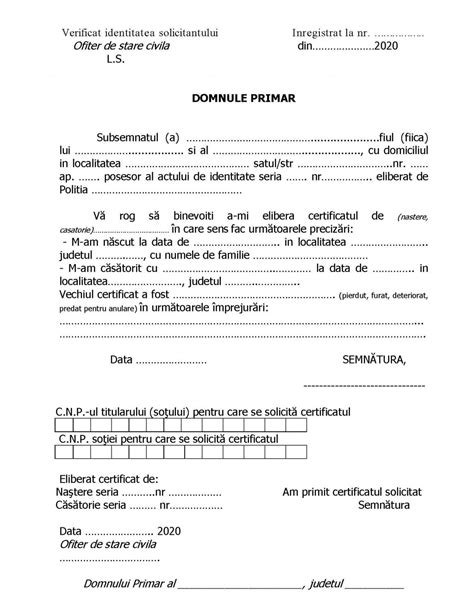 Cerere eliberare Certificat de naștere sau căsătorie Satchinez
