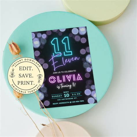 Editable 11th Birthday Invitation Printable Neon Invitation Etsy