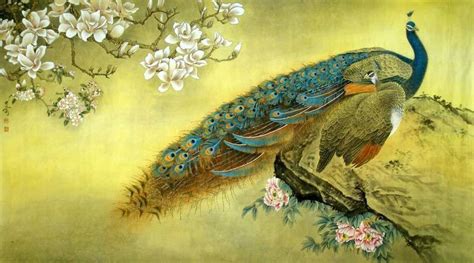 Chinese Peacock Peahen Painting Peafowl And Flower 2682001 96cm X