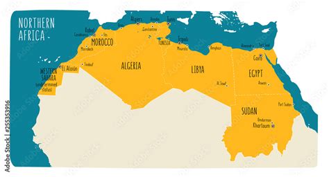 Colorful Hand Drawn Political Map Of Northern Africa With English