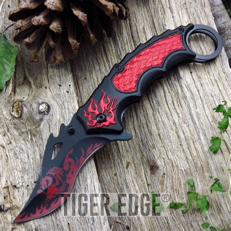 Spring Assist Folding Pocket Knife Black Red Fire Dragon Tactical