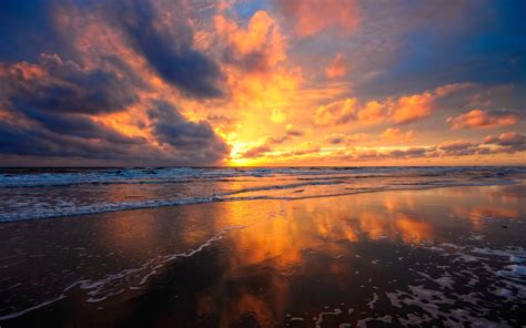 Beach Sea Water Fire Red Clouds Sky Beautiful Sunset