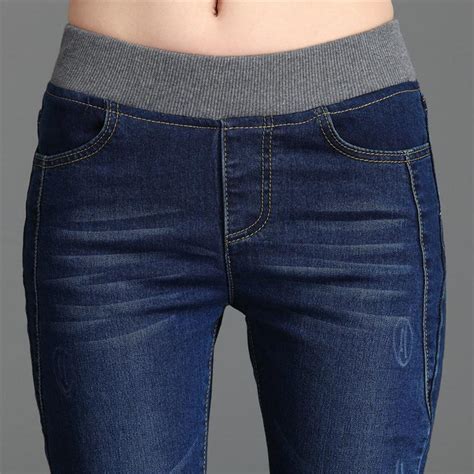 Women Jeans Denim 2017 With High Waist Elastic Waist Blue Stretch Plus