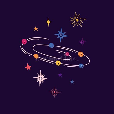 Space Elements In Cute Doodle Style Hand Drawn Cosmic Planets Stars