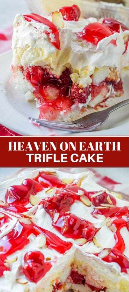 This heaven on earth cake recipe contains delicious layers of angel cake, sour cream, pudding, cherry pie filling, whipped topping, and almonds. Heaven on Earth Cake | Recipe | Trifle recipe, Desserts ...