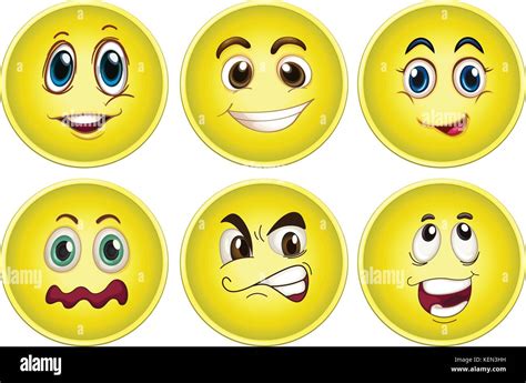 Ilustración De Caras Amarillas Con Diferentes Emociones Imagen Vector