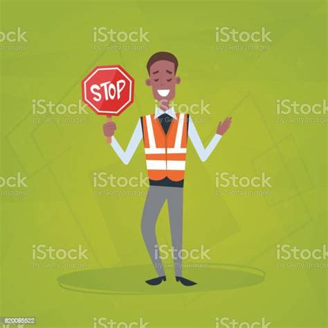 Traffic Policeman Guard Holding Stop Road Sign Stock Illustration