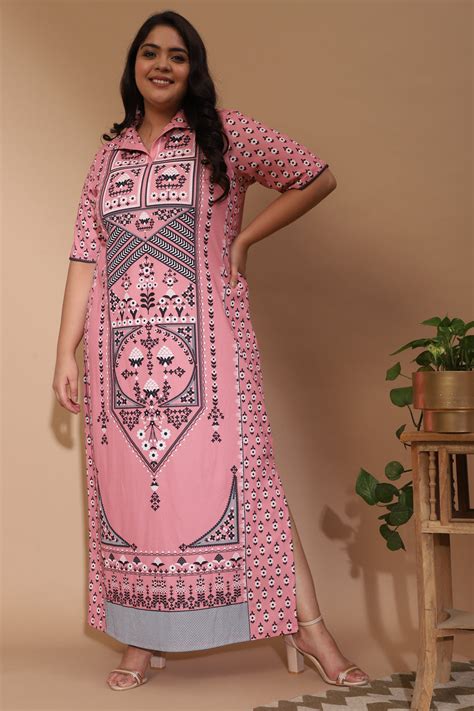 Buy Raabta Indian Ethnic Print Salmon Long Dress With Side Slit
