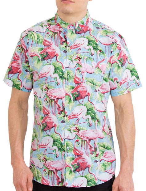 Visive Hawaiian Shirt For Mens Short Sleeve Button Up Down Casual Aloha Shirts Flamingo Xl