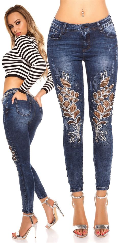 sexy skinny jeans met net borduurwerk and steentjes jeansblauw skinny jeans