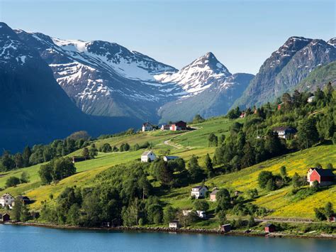 Norway Mountain Coastal Houses Nature Landscape Scenery