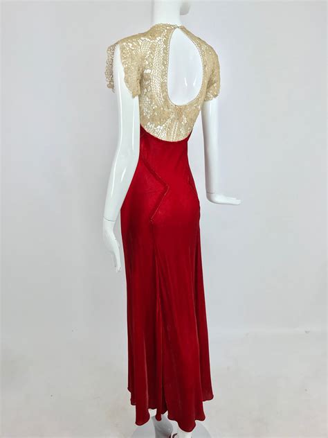 Sold 1930s Tape Lace And Red Velvet Bias Cut Evening Dress Palm Beach
