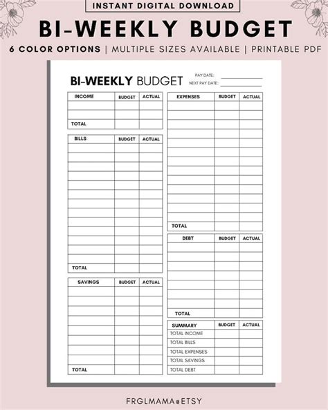 Bi Weekly Budget Overview Template Printable Paycheck Budget Etsy Uk
