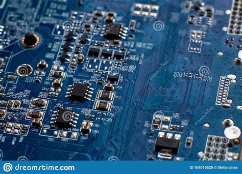 Printed Circuit Board With Chips And Radio Components Electronics Stock